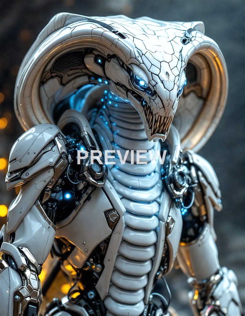 A highly detailed, futuristic robot with a snake-like head and glowing blue accents, featuring a combination of sleek armor and mechanical parts.